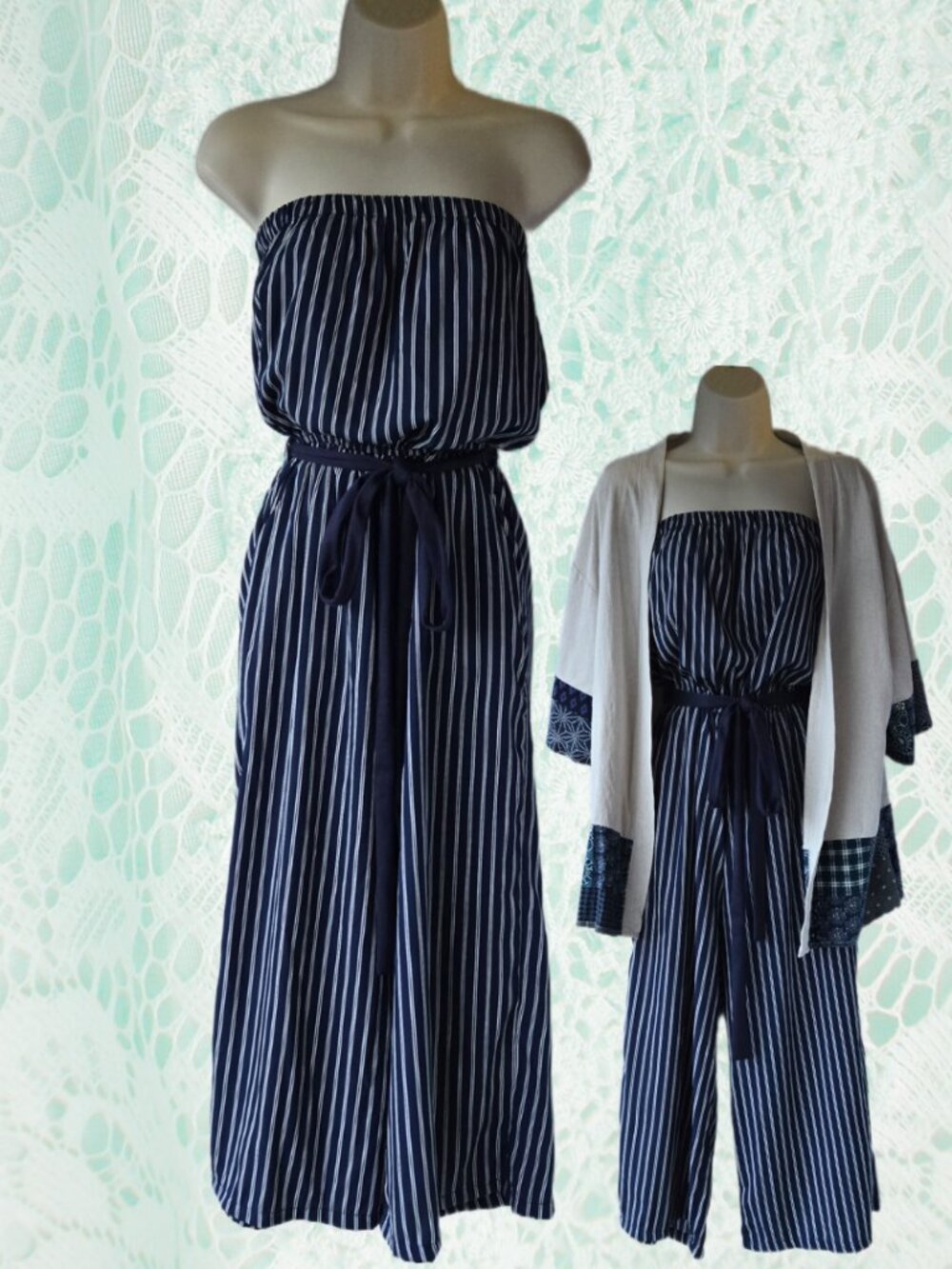 Hint of Blush Navy Blue & White Striped Jumpsuit Beachy Classic Size Small
